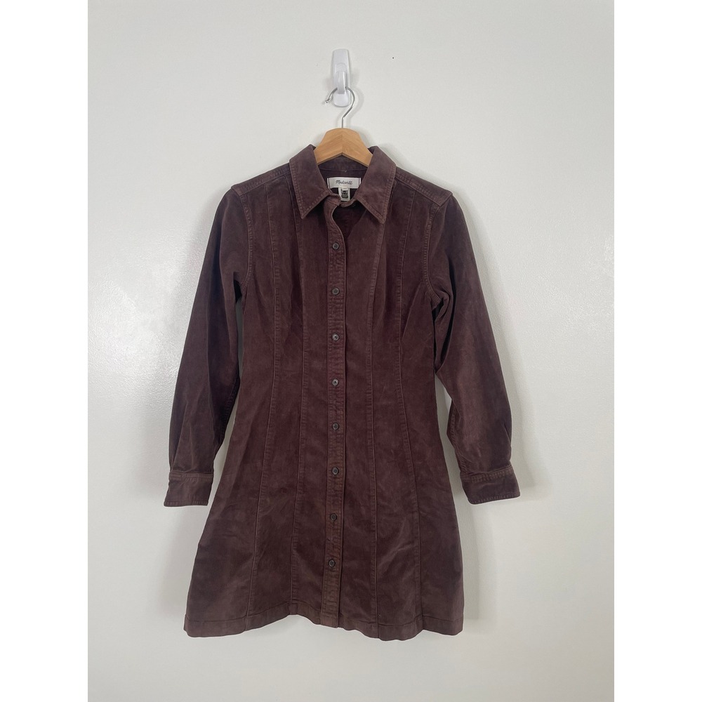 Madewell Corduroy Mini Dress Brown Button Front Minimalist Preppy 70s Boho Sz 2 - Picture 4 of 9